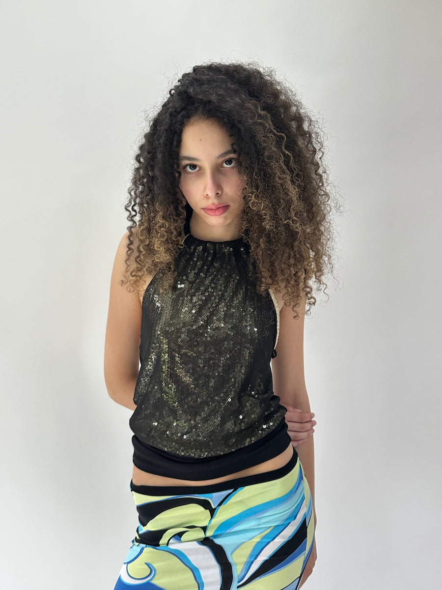 festival drop | Pequeno preto sequin halterneck mesh sobreplate vestido superior feminino