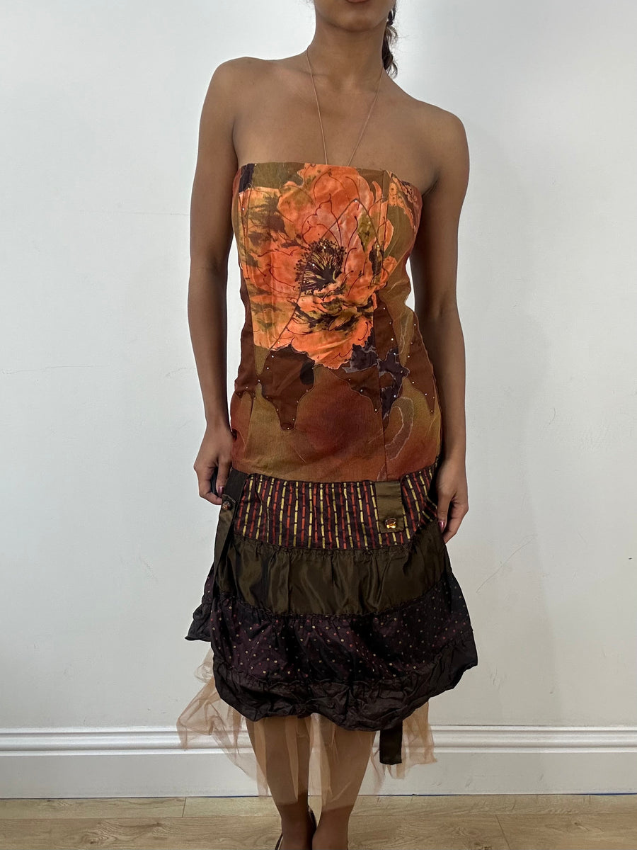 BEST PICKS | medium brown bandeau midi dress with floral print
