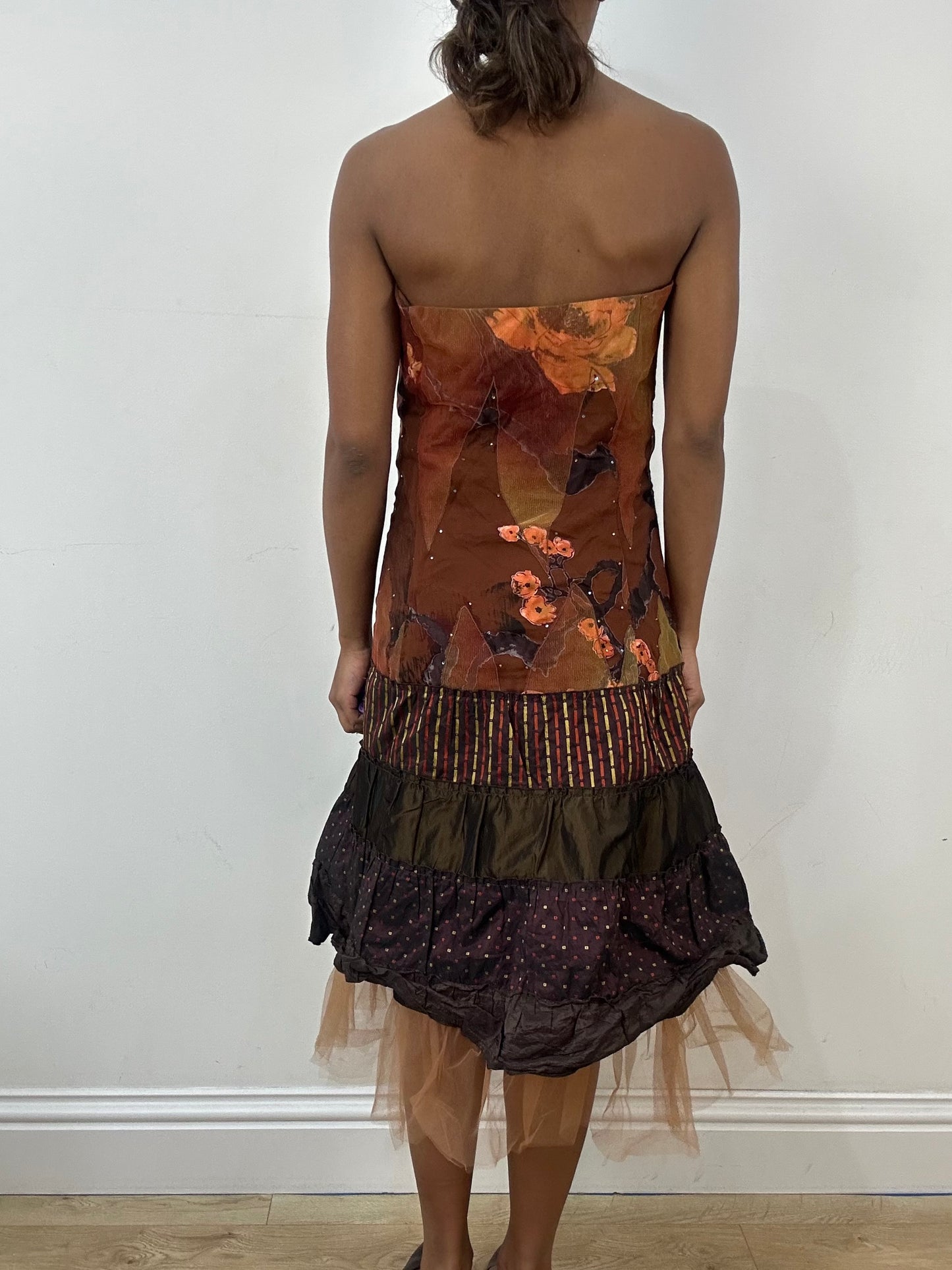 BEST PICKS | medium brown bandeau midi dress with floral print