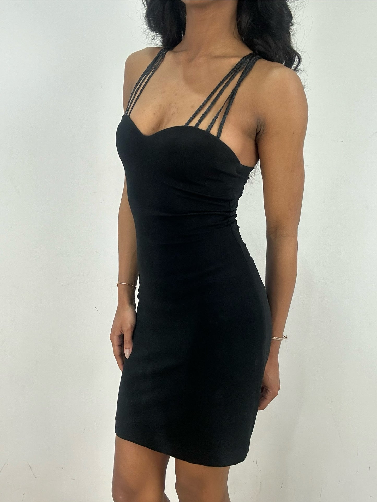 vintage edit fifteen | extra small black mark cain mini dress with braided straps