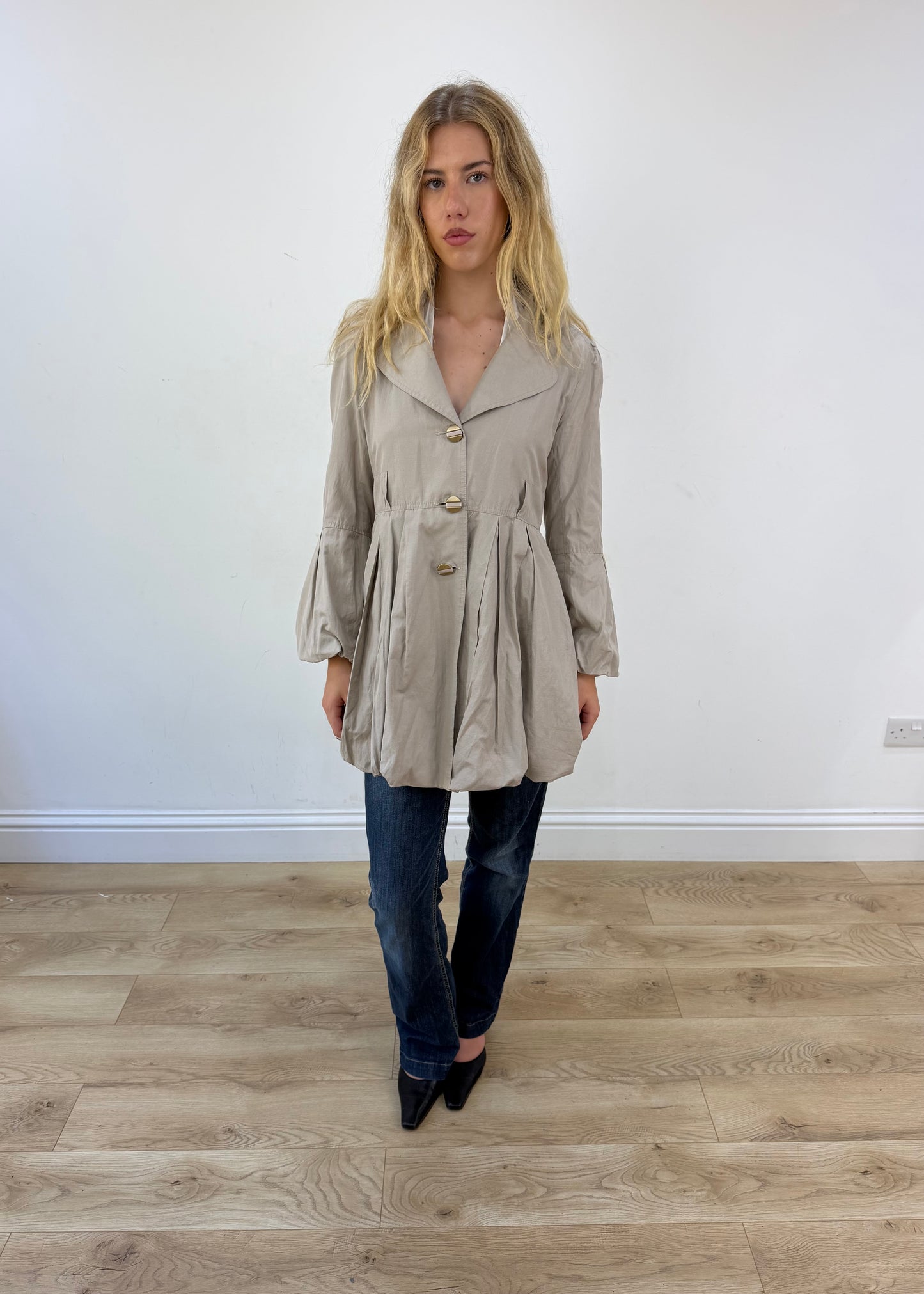 small beige bubble trench coat