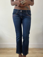 BEST PICKS | small blue denim bootcut jeans with rhinestone details