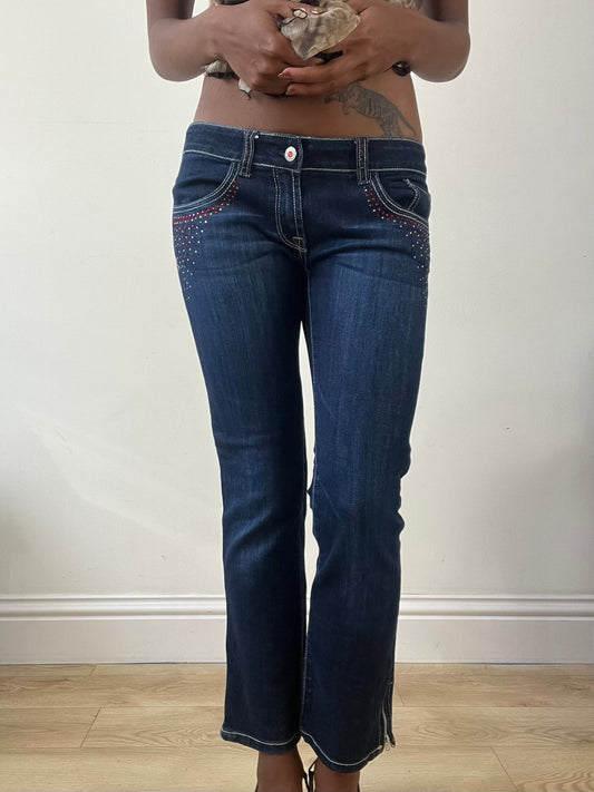 BEST PICKS | small blue denim bootcut jeans with rhinestone details