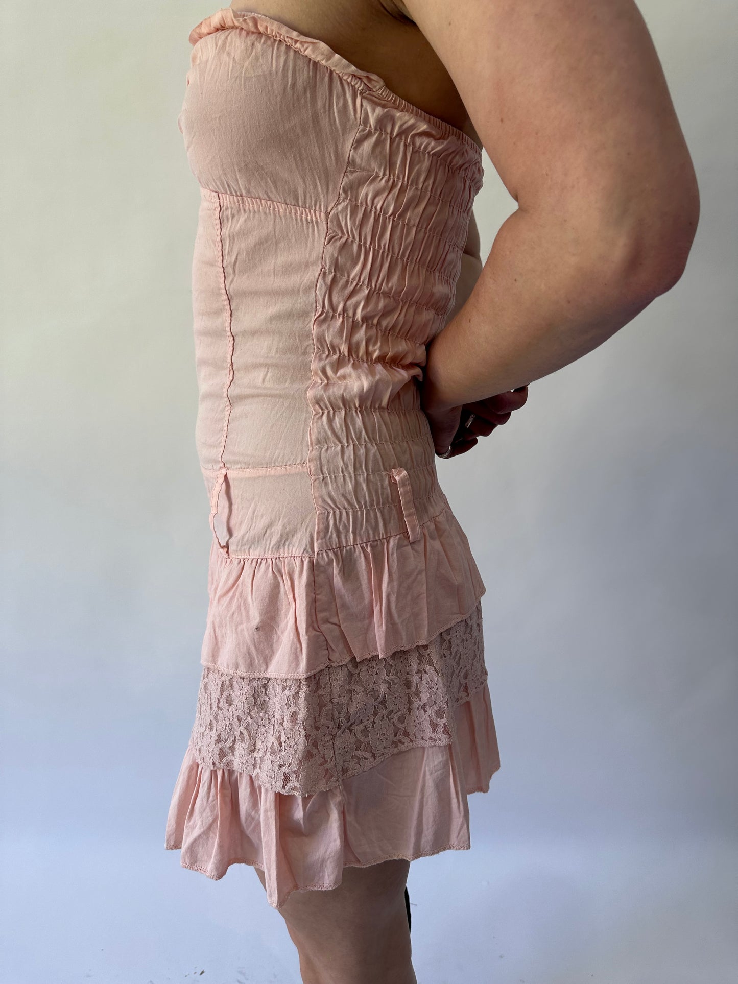 devil wears prada | small pink bandeau ruched ruffle mini dress