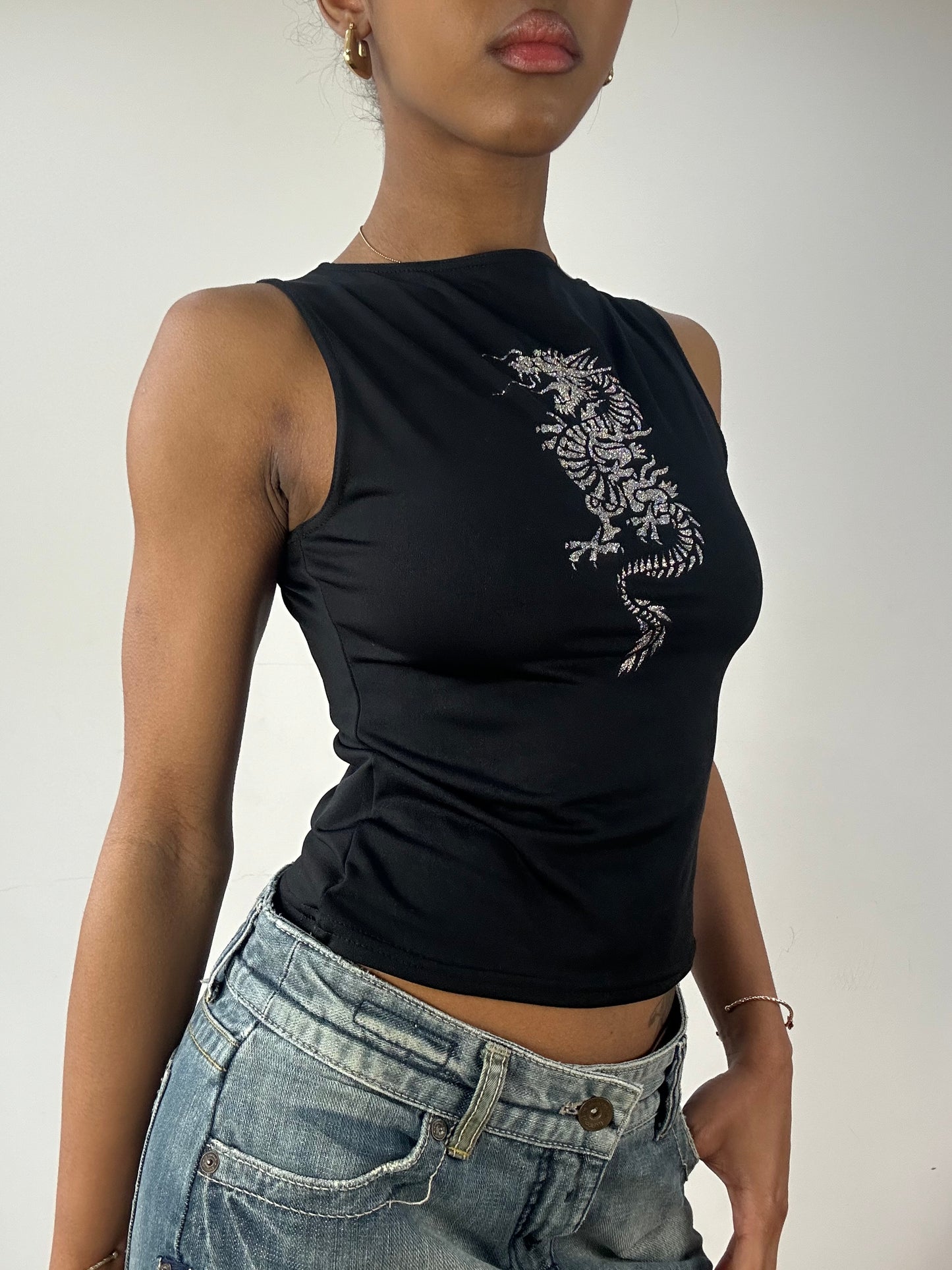 vintage edit fifteen | medium black glitter dragon tank top