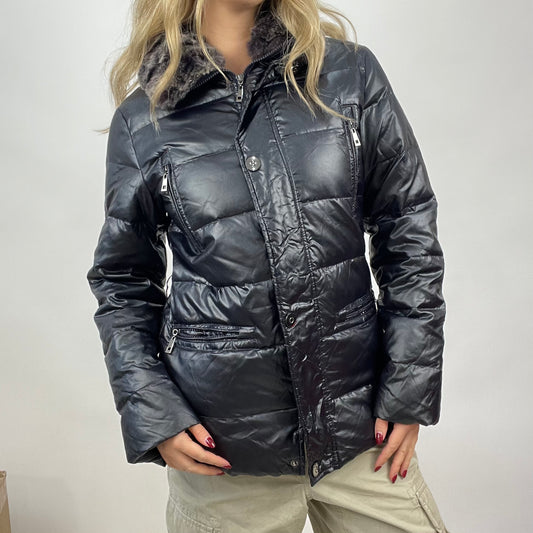 CHALET GIRL DROP | medium black puffer jacket with fur collar