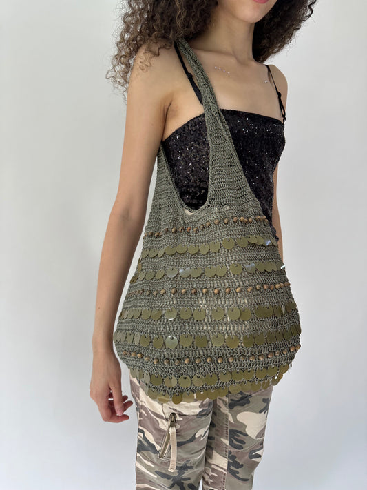 festival drop | khaki green knit slouchy sequin bag