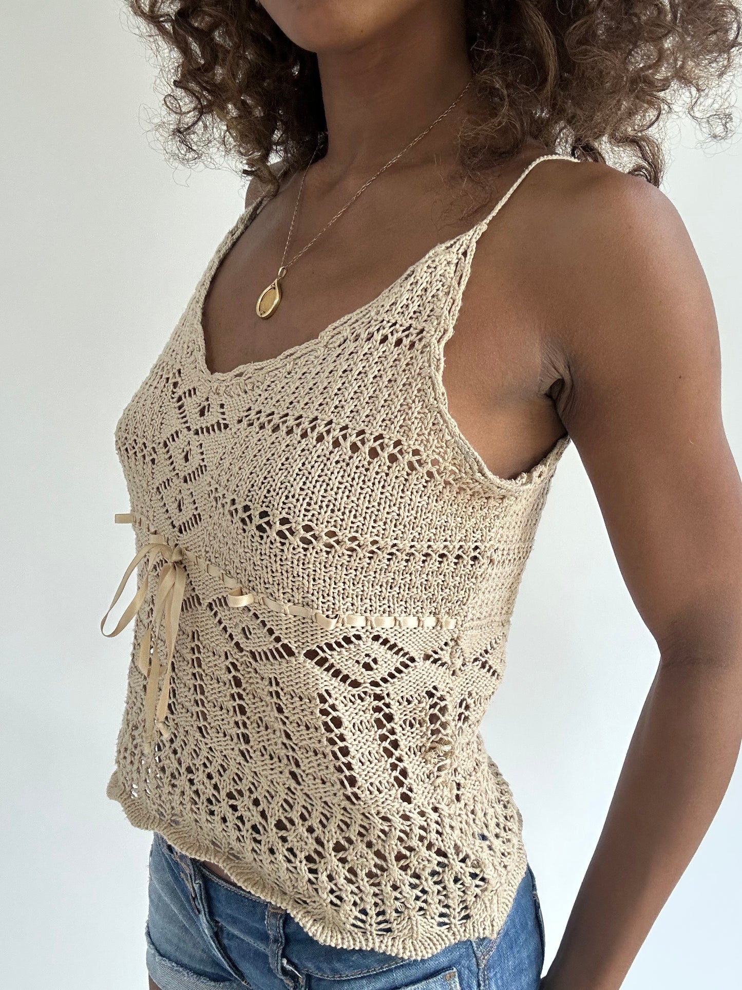 euro trash | small beige crochet cami top