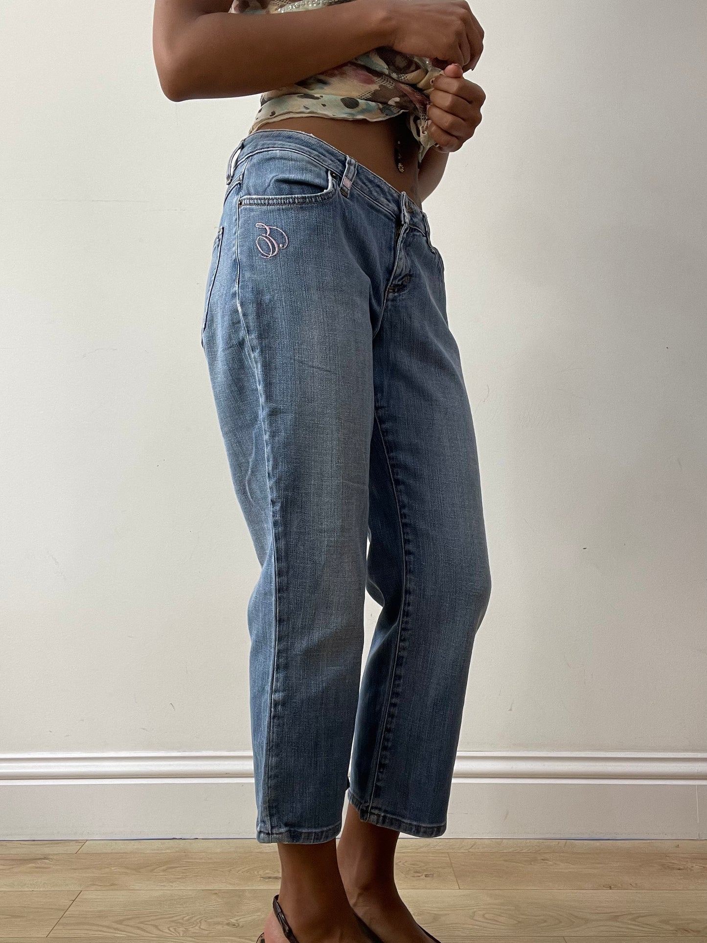 midsummer edit | small blue denim jeans with pink 'E' embroidery