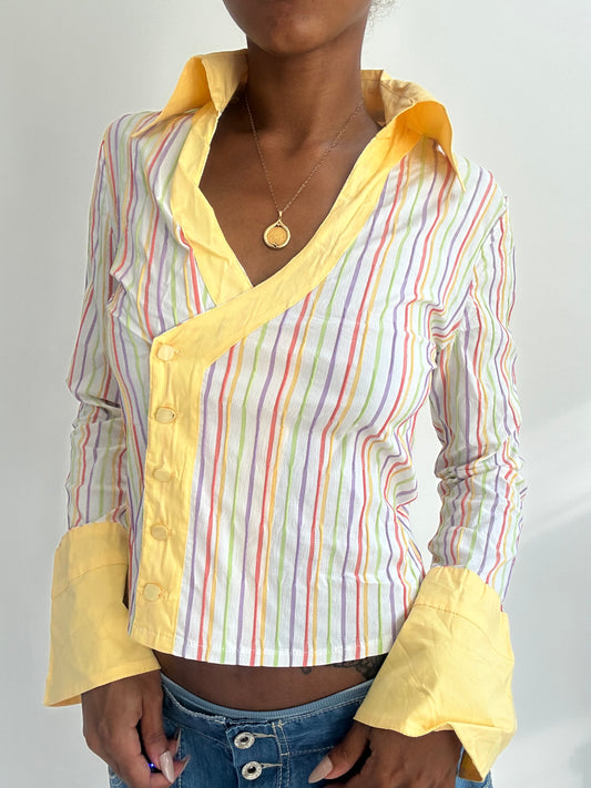 ‼️ | small white and yellow pinstripe button up shirt
