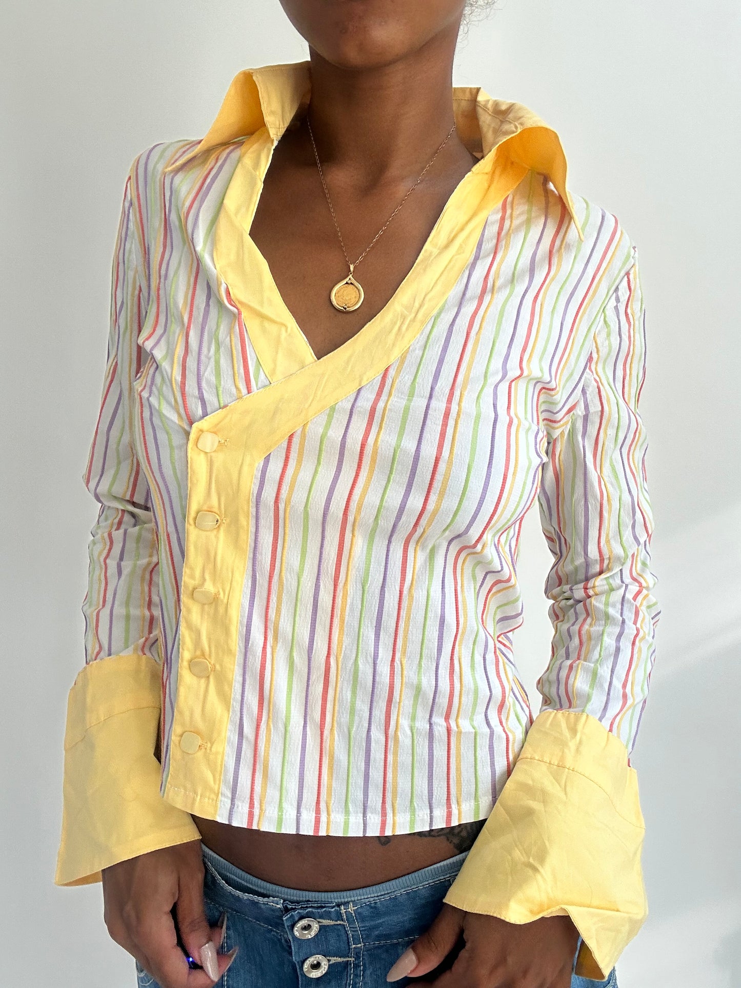 ‼️ | small white and yellow pinstripe button up shirt
