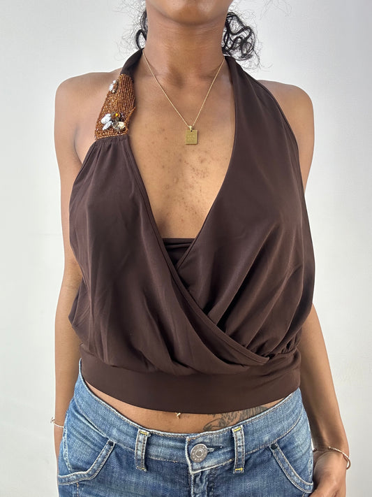 vintage edit: tops | small brown halterneck top with crossback detail and sequins
