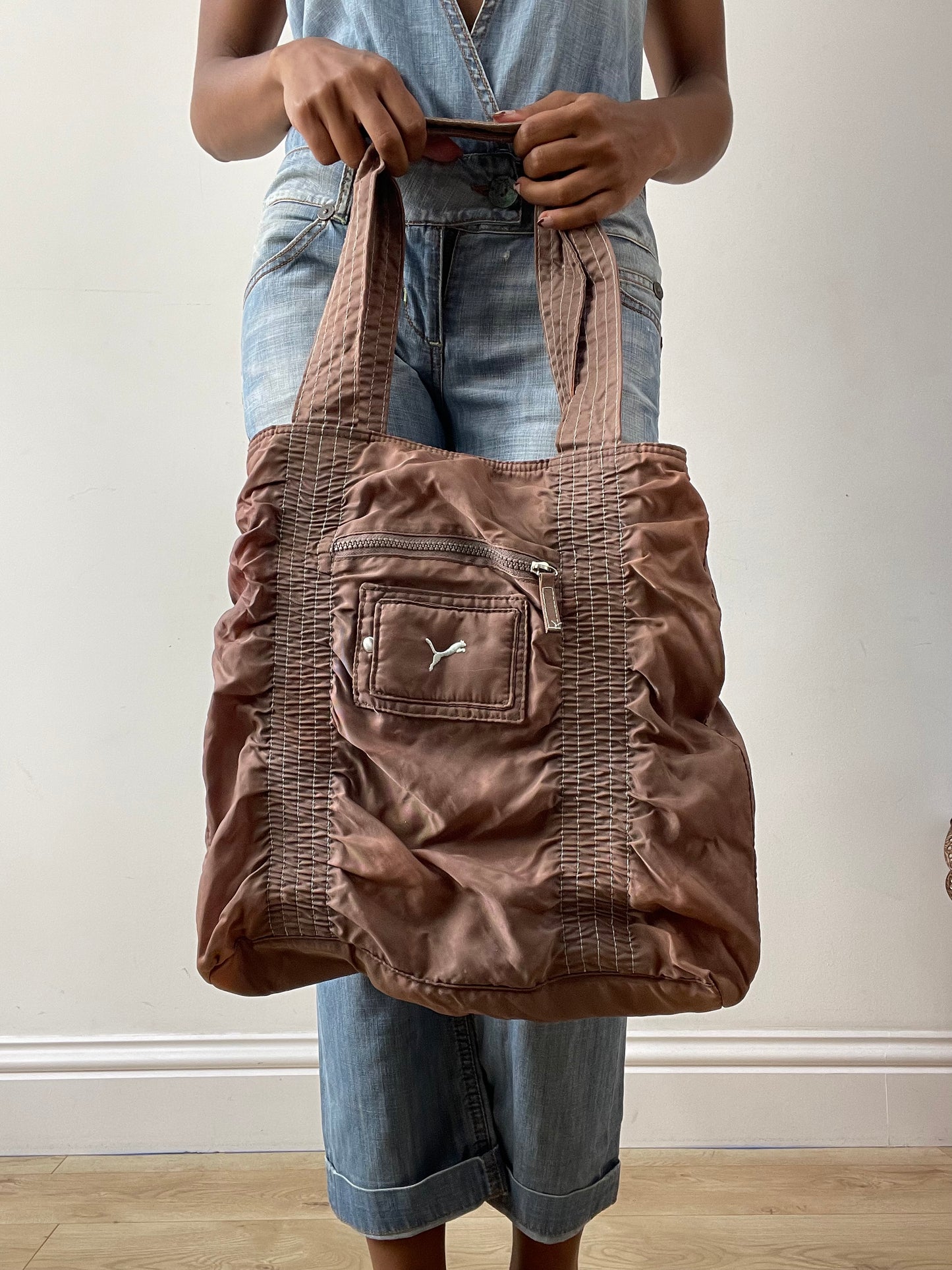 midsummer edit | brown and pink puma nylon tote bag