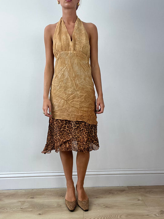 GIRLBAND DROP | medium brown leopard print halterneck dress