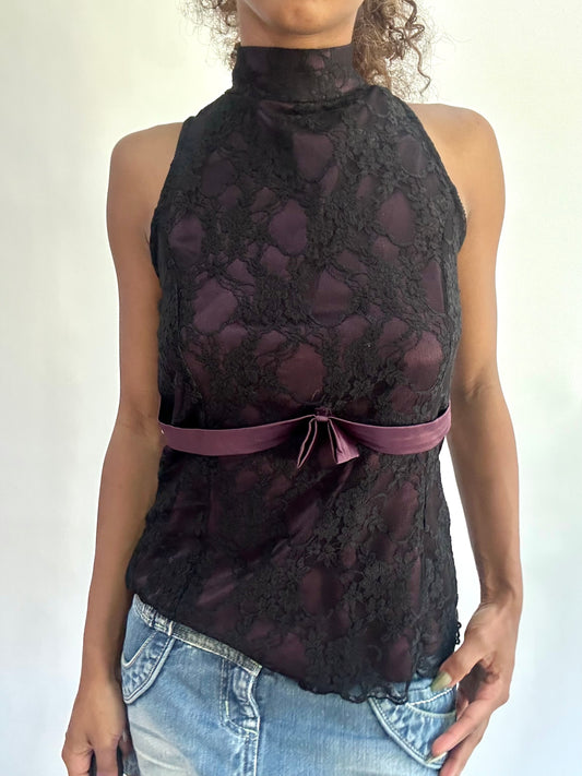 wag drop | small black lace overlay high neck top
