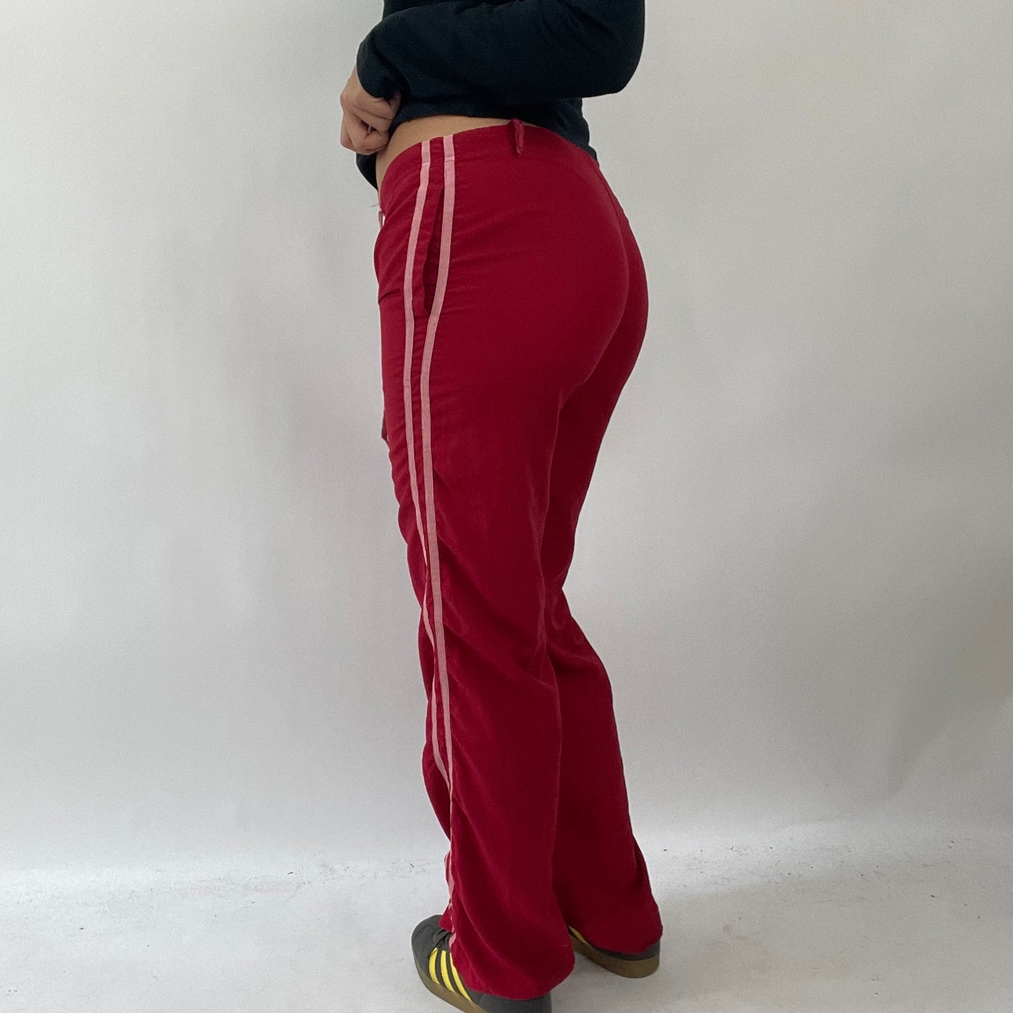 AMELIA GRAY DROP | medium red joggers with pink stripes