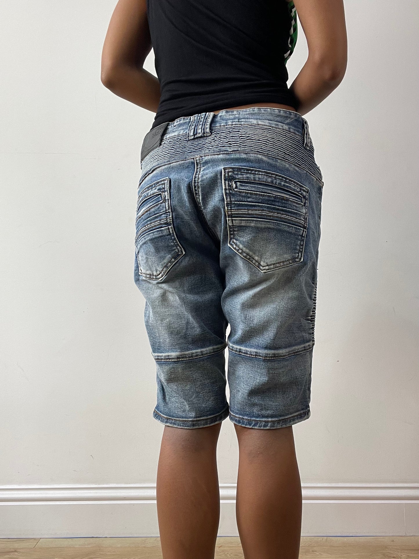 midsummer edit | medium blue denim shorts with ribbed panel detail