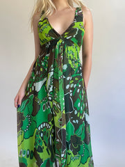 Y2K| medium green patterned maxi dress