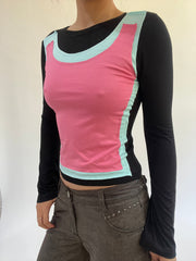 ‼️ | small black long sleeve top with pink vest overlay detail
