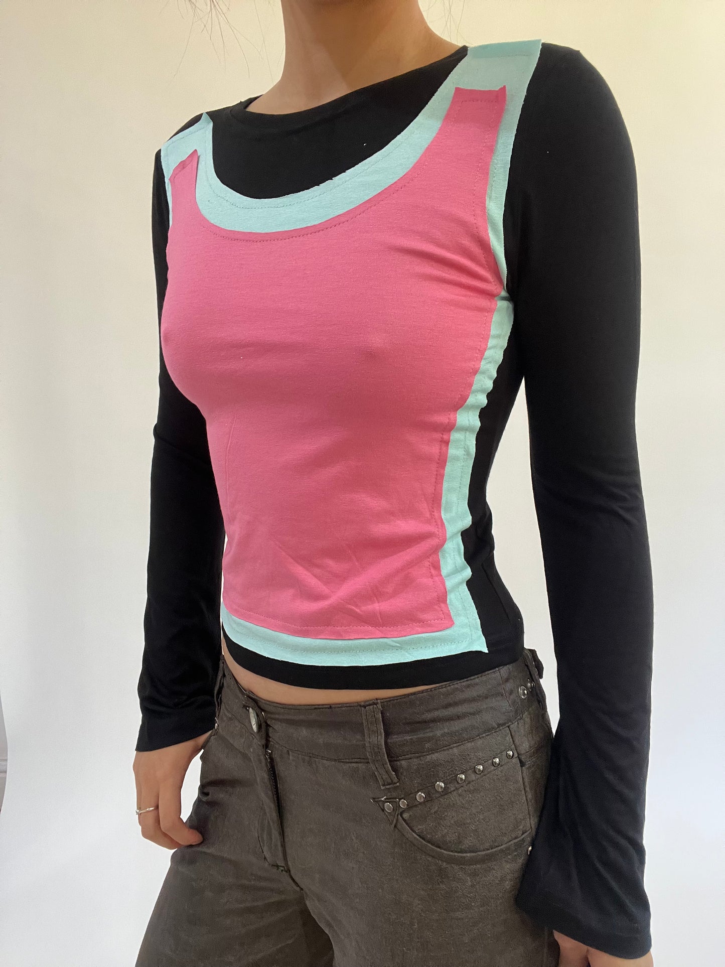 ‼️ | small black long sleeve top with pink vest overlay detail