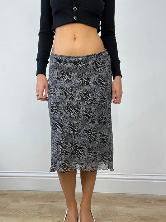 💻 LIBRARIAN CORE | small black mesh midi skirt with abstract print