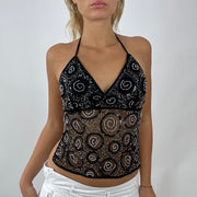 💻⭐️ black swirly patterned sequin backless top festival top