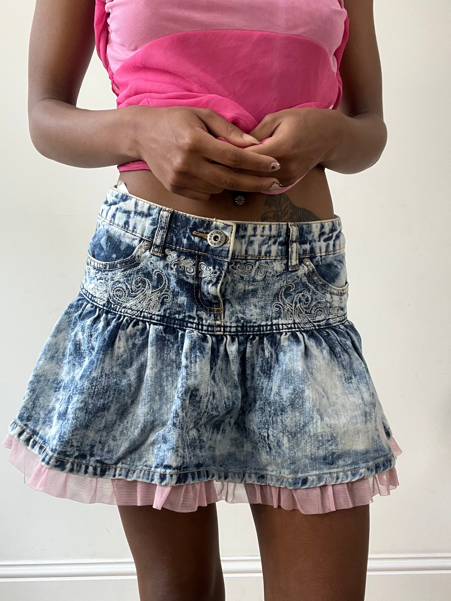 vintage edit thirty-one | medium blue denim mini skirt with pink tulle hem