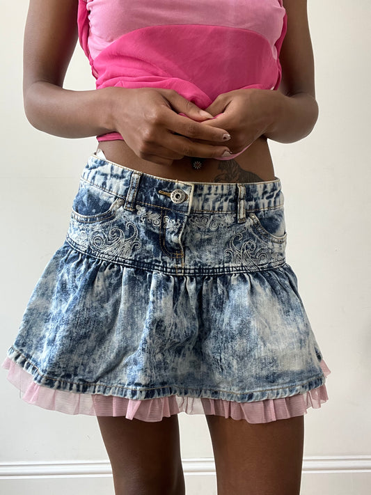 vintage edit thirty-one | medium blue denim mini skirt with pink tulle hem
