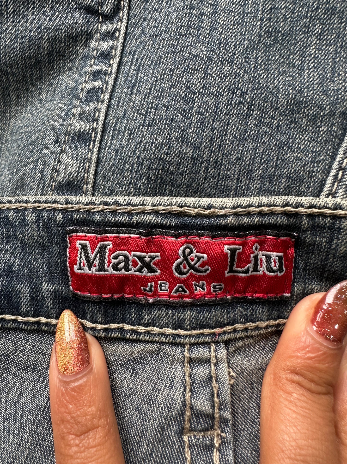 LFW edit | medium blue denim jeans with gold butterfly embroidery and rhinestones