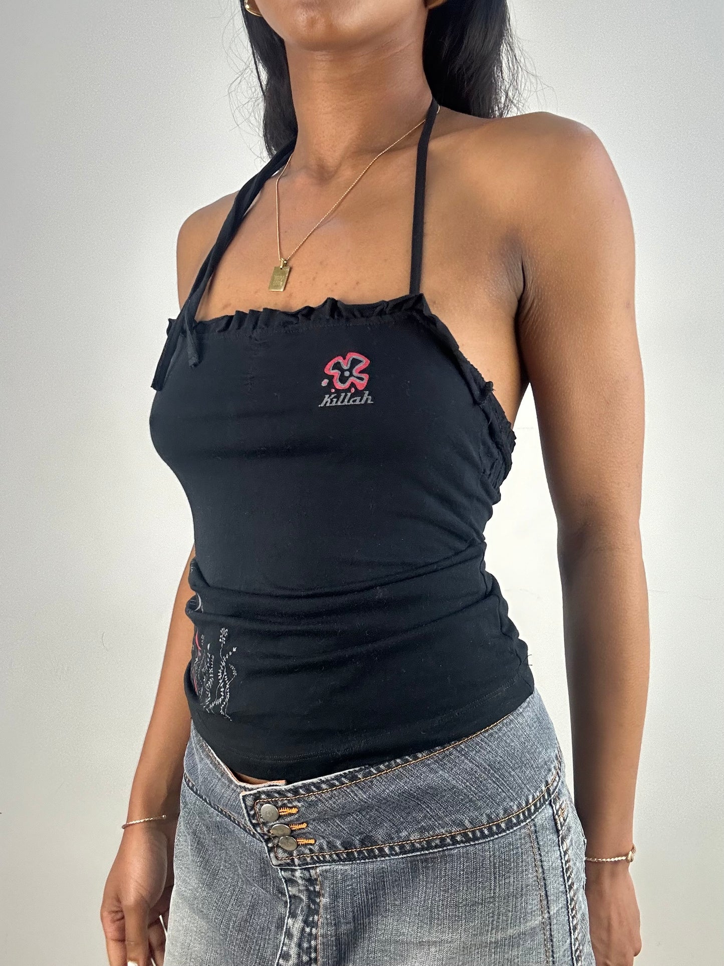 vintage edit eighteen | small black killah by miss sixty graphic halterneck top