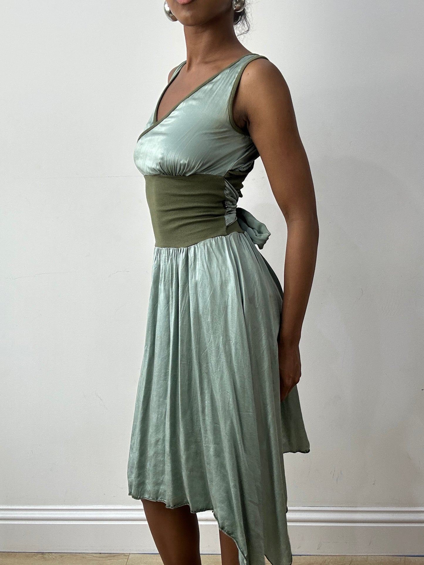 midsummer edit | small sage green asymmetric midi dress