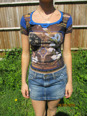 💻vintage edit twenty | small blue and brown abstract print mesh save the queen top
