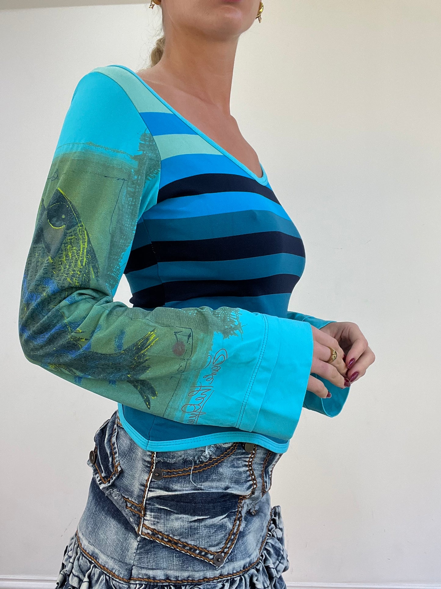 vintage edit thirteen | large blue abstract print save the queen top