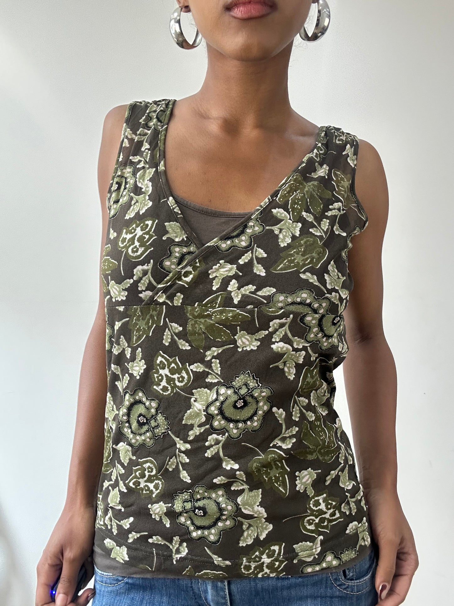 vintage edit thirty-one | medium green mesh overlay top with floral print