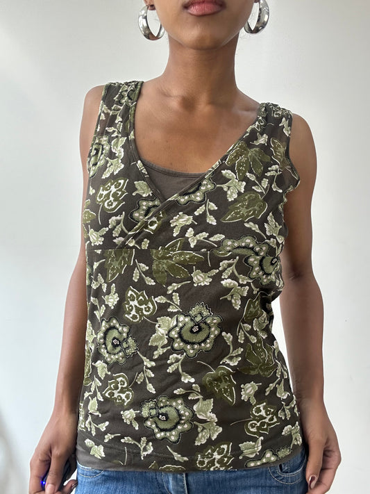 vintage edit thirty-one | medium green mesh overlay top with floral print