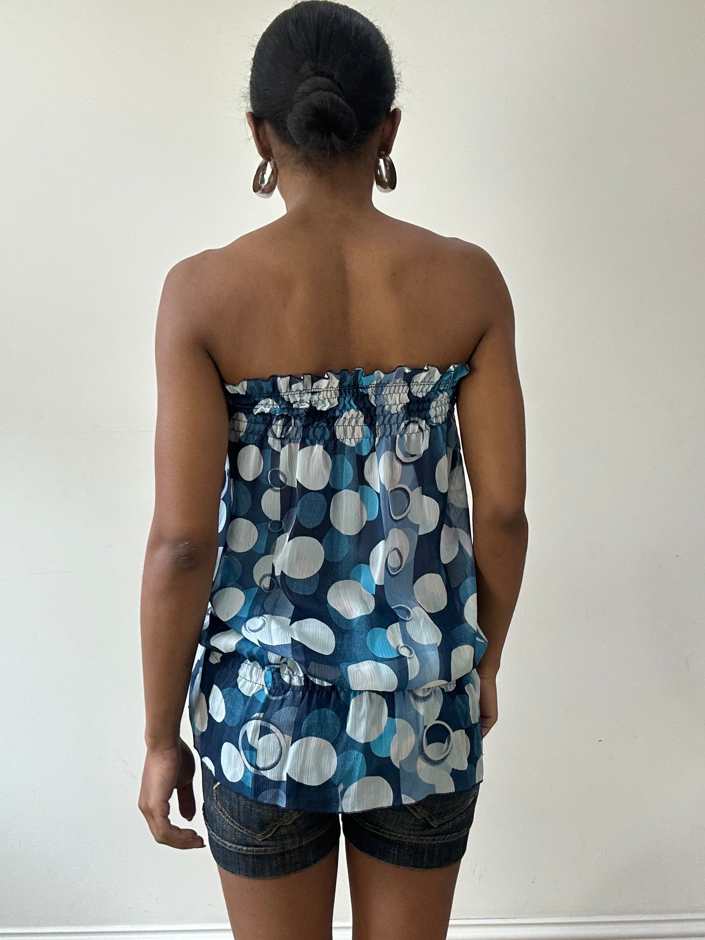 vintage edit thirty-one | small blue and white bandeau top with circle print
