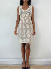 vintage edit: festival | small cream crotchet midi dress with floral pearl detailing