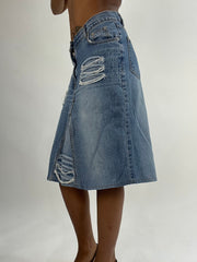BEST PICKS | small blue denim distressed midi skirt