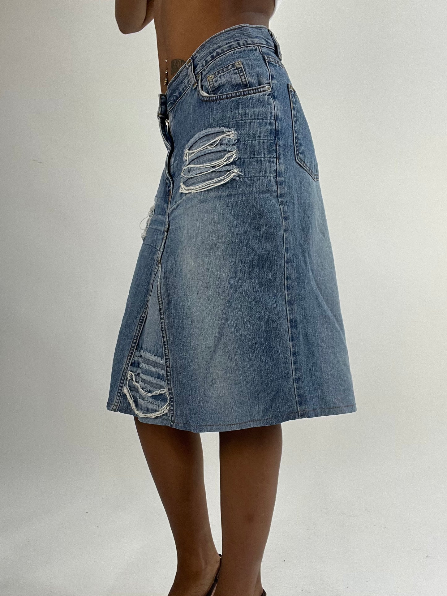 BEST PICKS | small blue denim distressed midi skirt