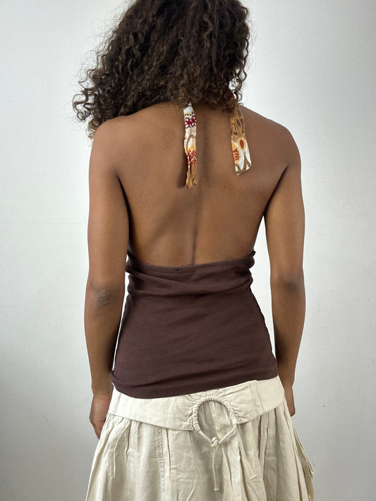 vintage edit thirty-four | small brown halterneck top with paisley print panel