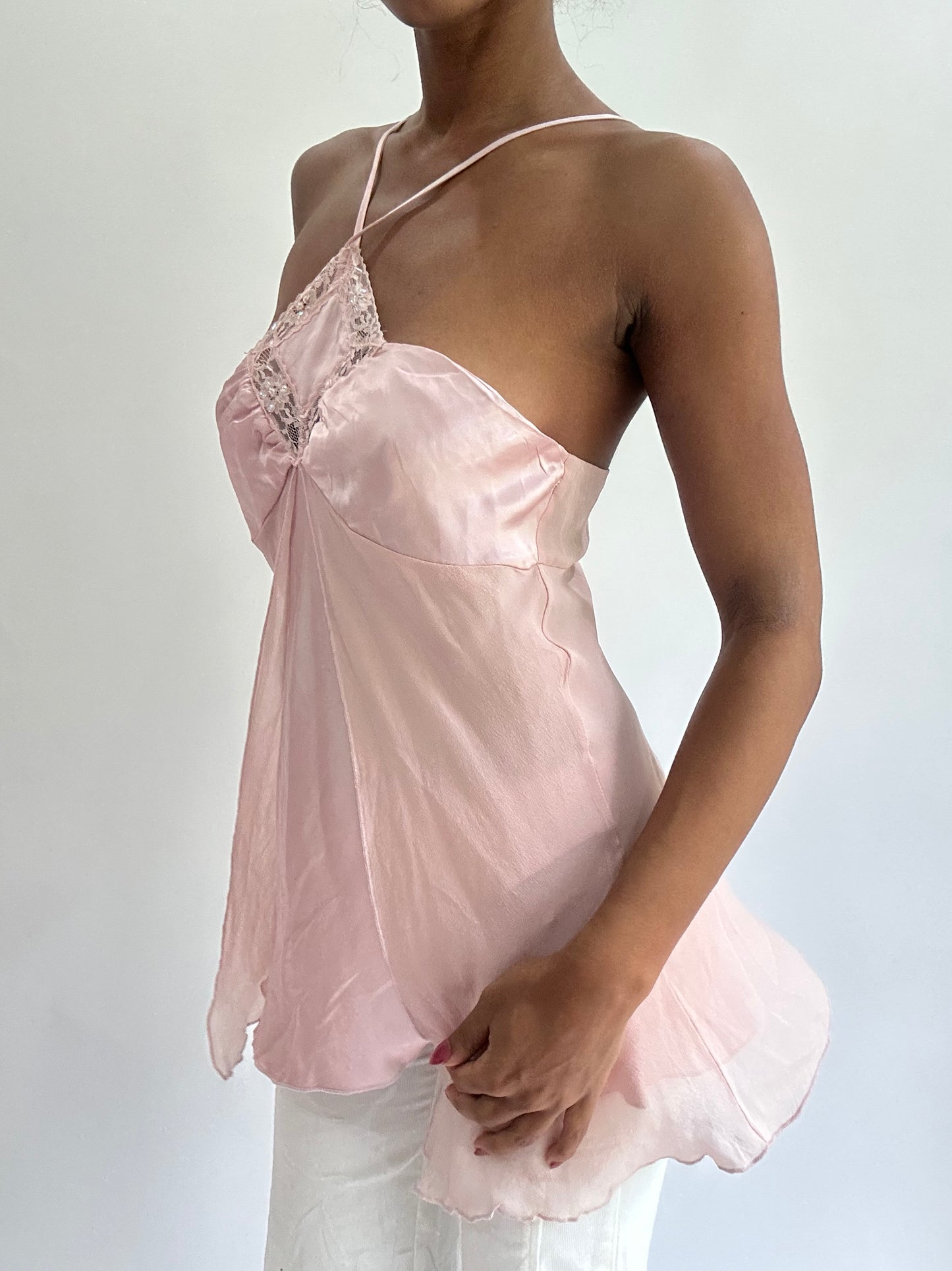 olivia rodrigo drop | small pink mesh overlay halterneck top