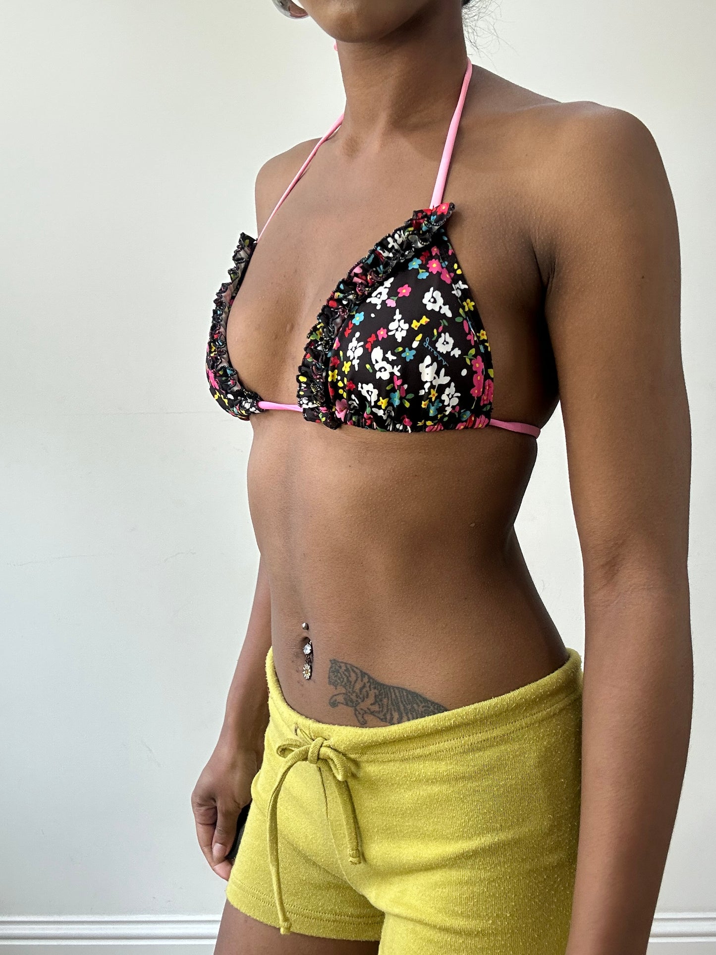 vintage edit thirty-one | small black floral bikini set with pink strap detail