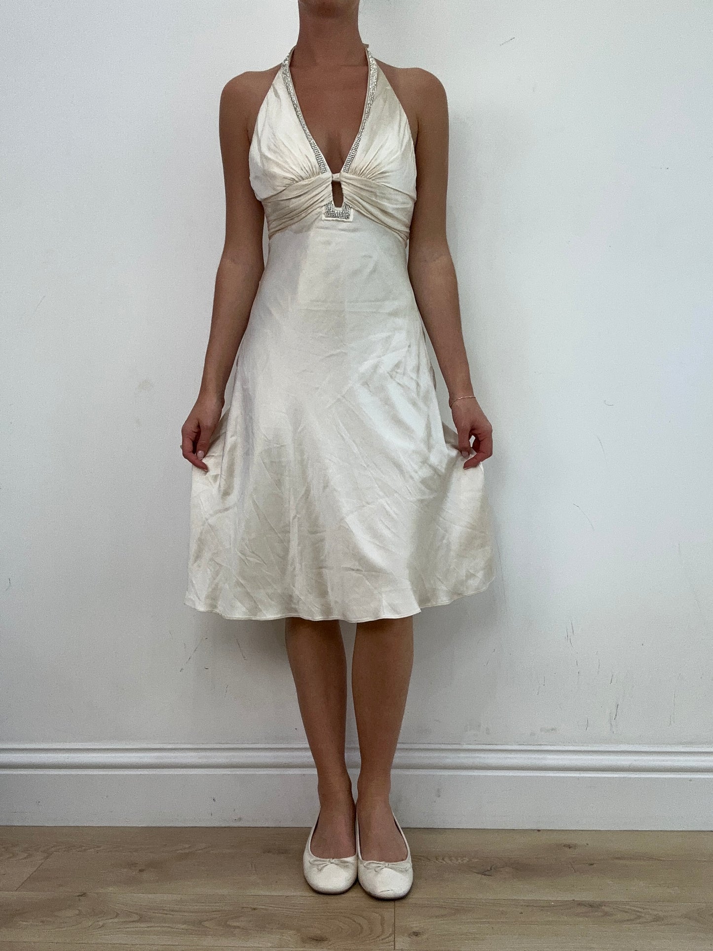 vintage edit: wedding guest | small white halter neck midi dress with diamante detail