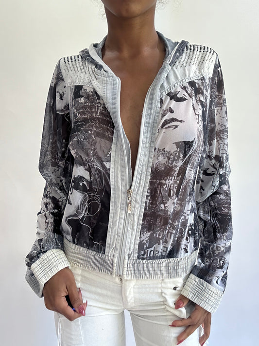 olivia rodrigo drop | small grey and white sheer zip up hoodie top