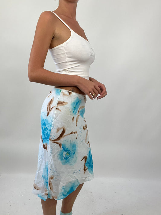 PALM BEACH DROP | small white mesh midi skirt with blue and brown floral print