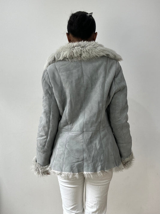vintage edit thirty-two | small grey suede style jacket with fur lining and oversized buttons