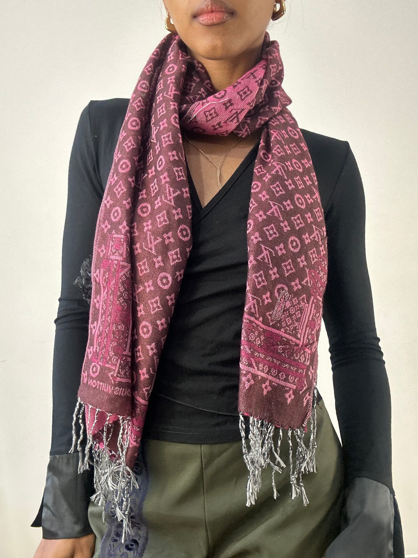 winter edit | pink and brown louis vuitton tassel scarf with monogram print
