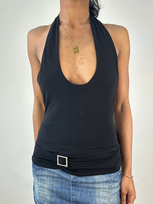 vintage edit: tops | small black halterneck top with diamanté square detail