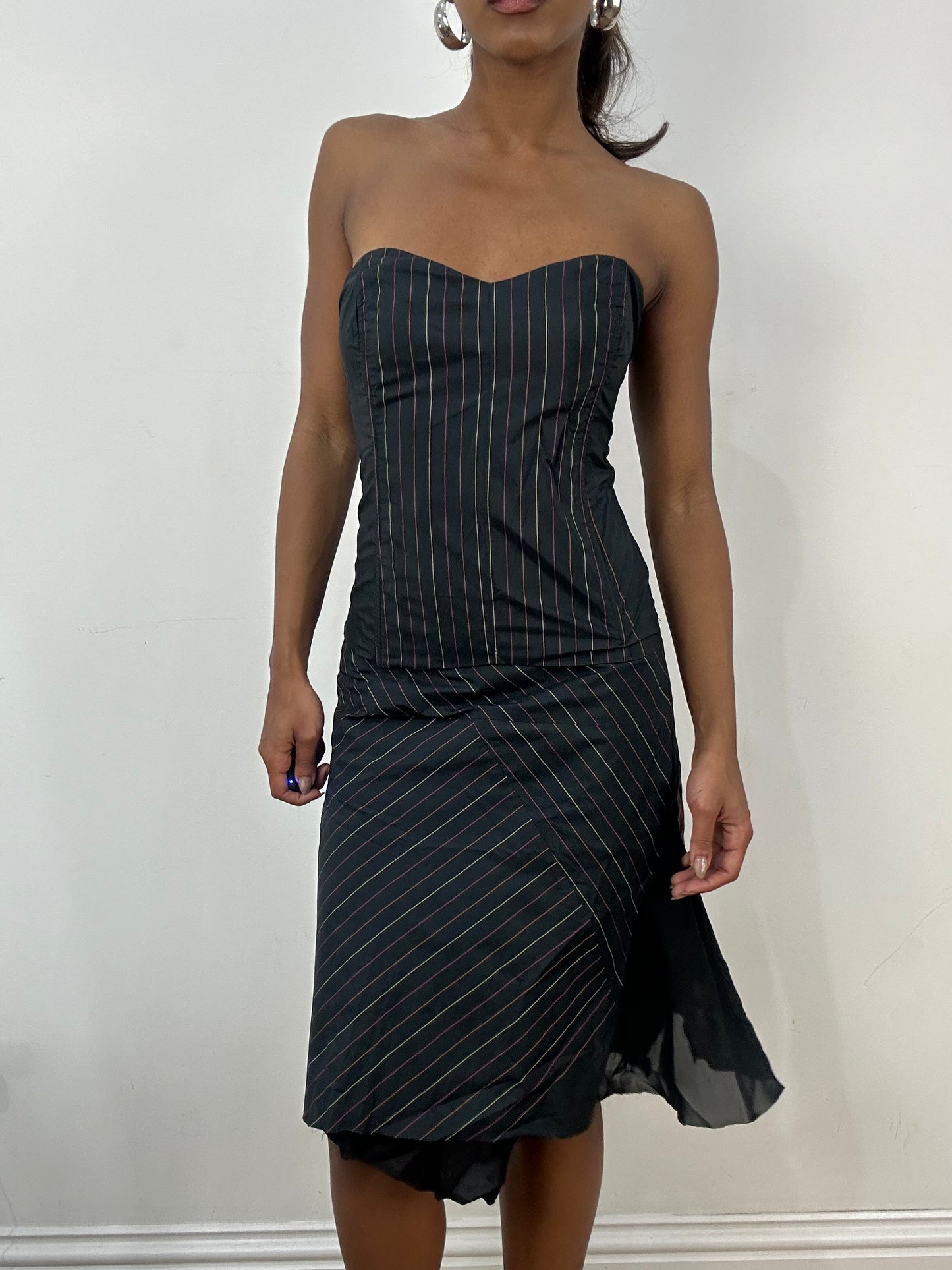 BEST PICKS | small black corset top with matching skirt in pinstripe