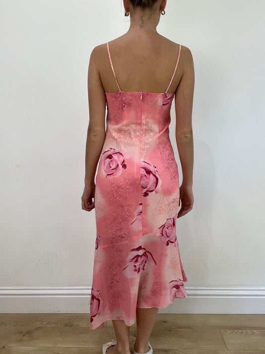 vintage edit: wedding guest | small pink asymmetric maxi dress with floral print